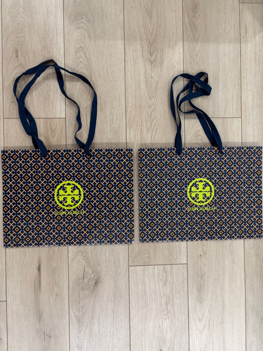 NEW Tory Burch Navy Geometric Shopping Totes with Neon Logo Set of 2